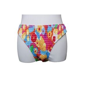 Shein Floral Smocked Pink Blue‎ High Leg Bikini Swim Bottom LARGE Coquette